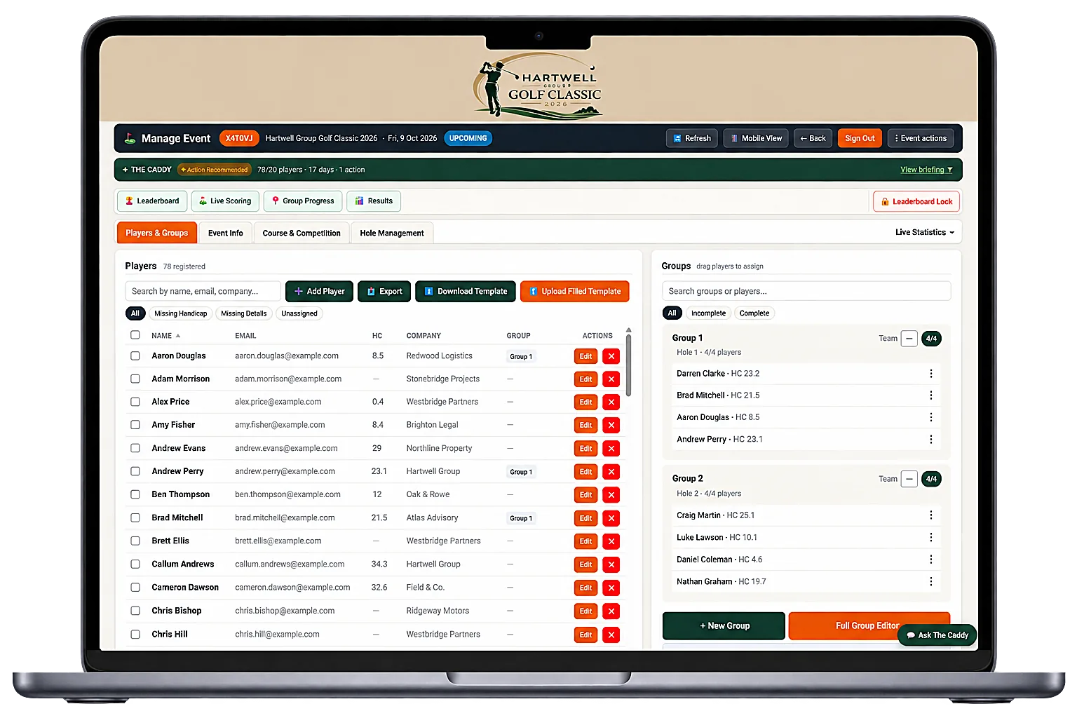 Organiser dashboard showing player management