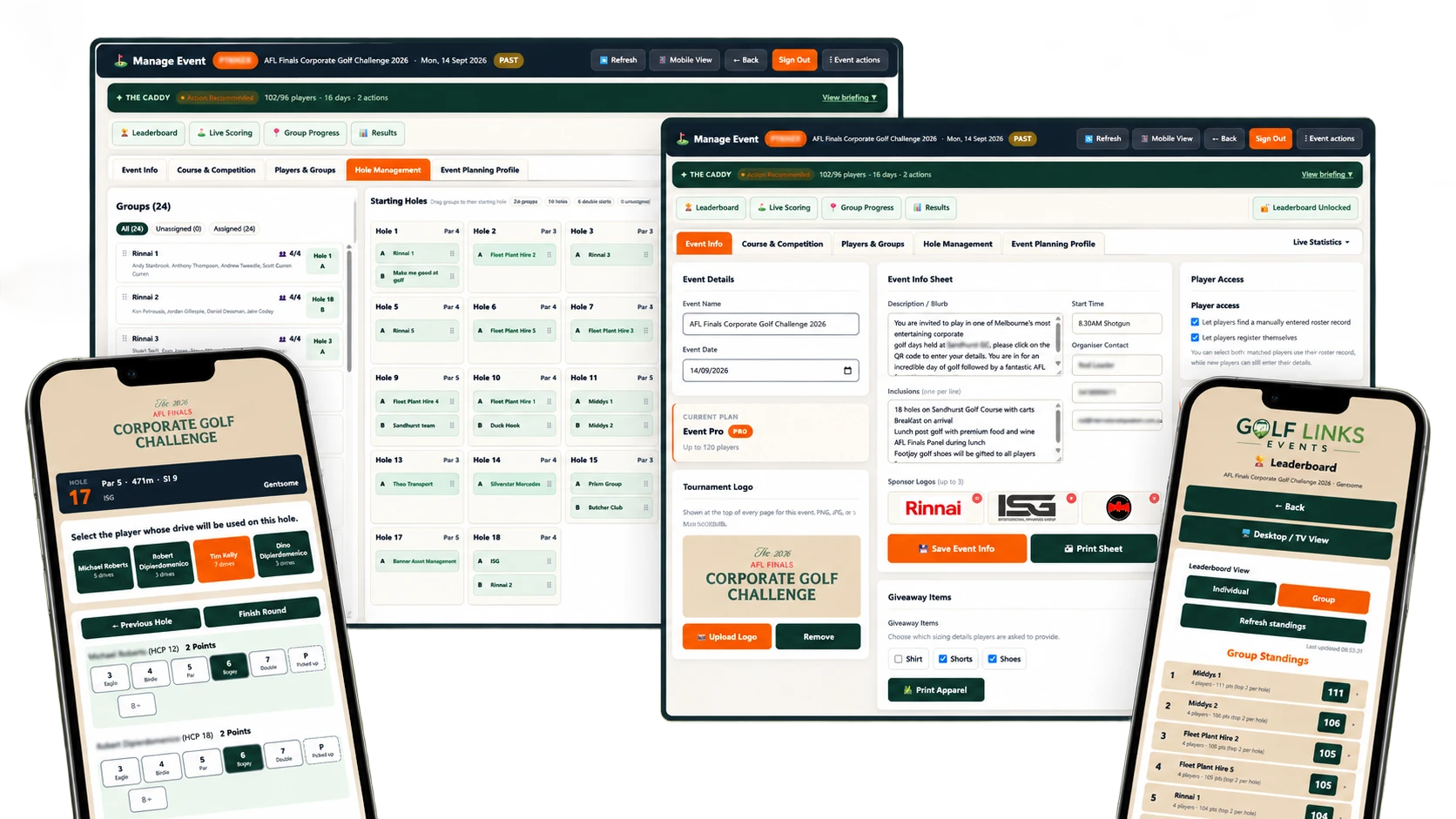 Golf Links Events organiser dashboards with mobile scoring and leaderboard screens