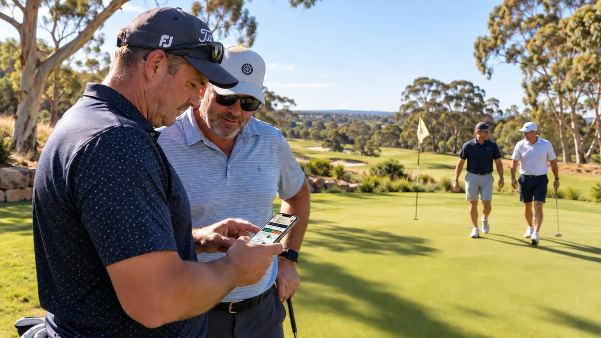 Golfers using mobile scoring together on the course