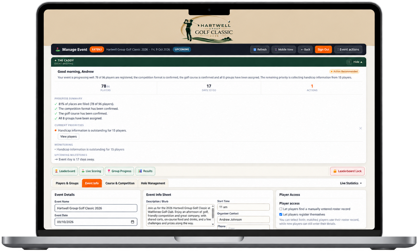 Golf Links Events organiser dashboard displayed on a laptop