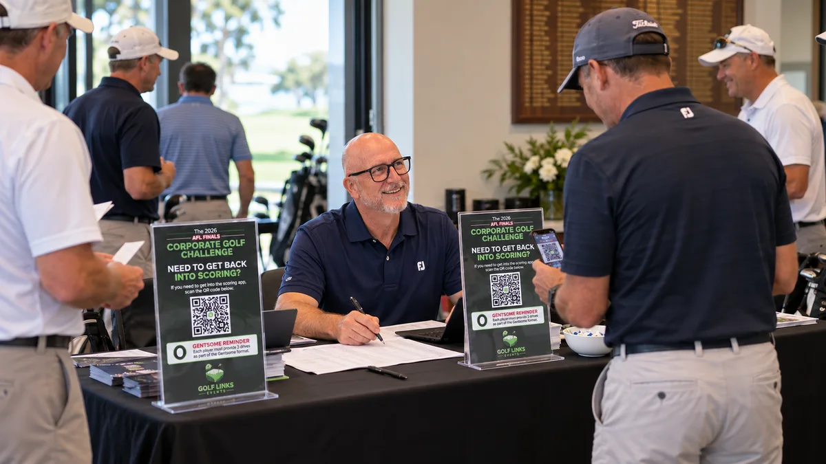 Golfers checking in at an event registration desk with Golf Links QR code signs