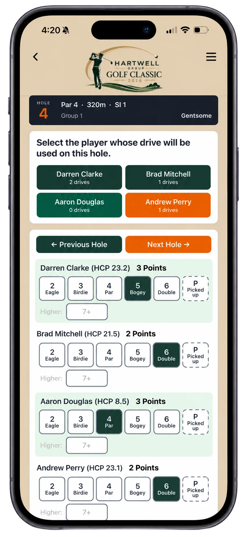Player mobile scoring